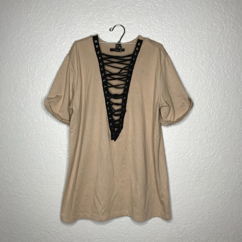 Beige Oversized V Cut T- Shirt